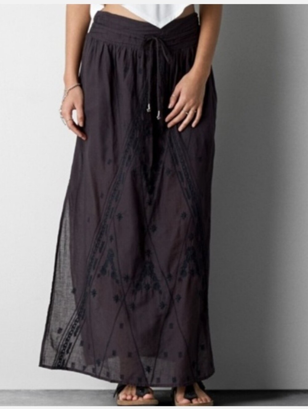 Cotton Embroidered Side Slit Maxi Gothic Black Gray